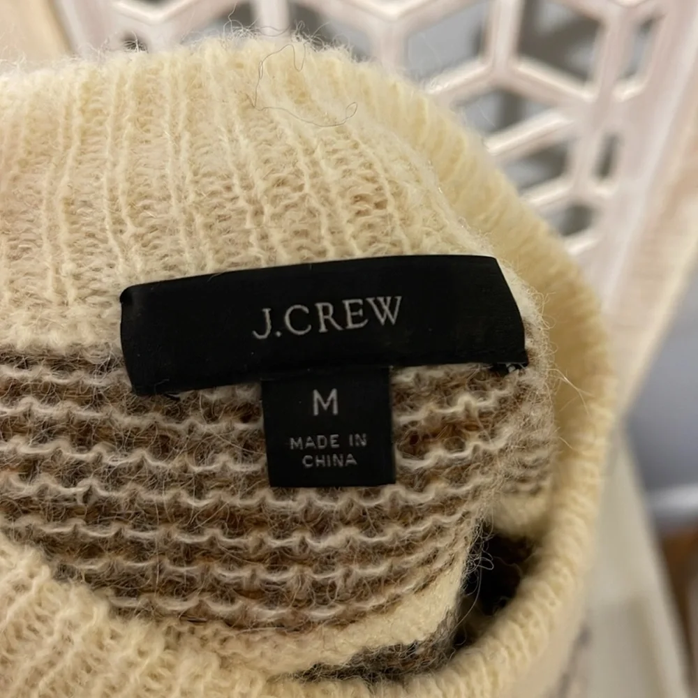 J Crew Fair Isle Yoke Puff Sleeve Sweater Women's M Cream Wool Alpaca Casual ✨